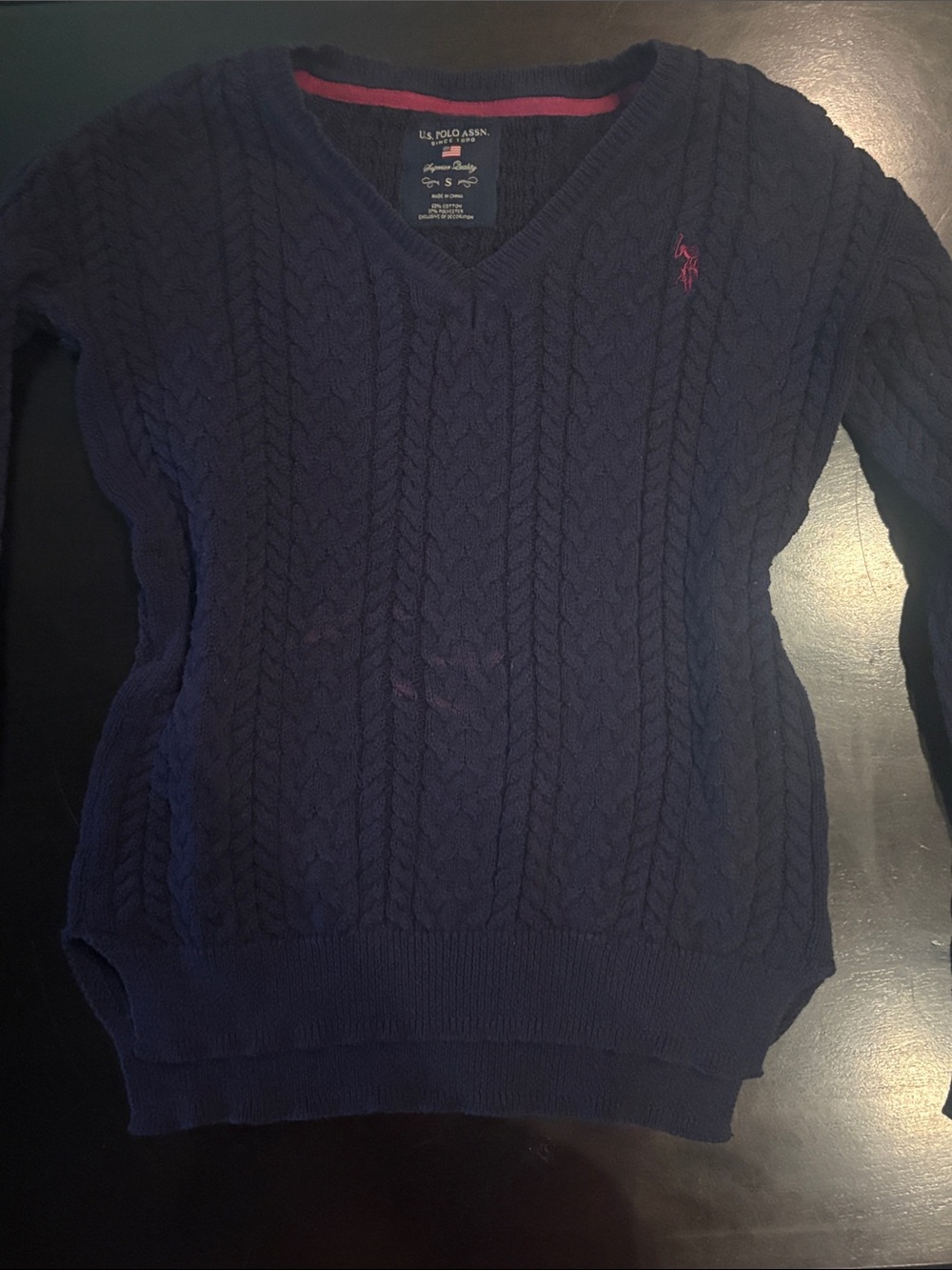U.S. Polo Assn. Navy V-Neck Cable Knit Sweater with Pink Logo Accent